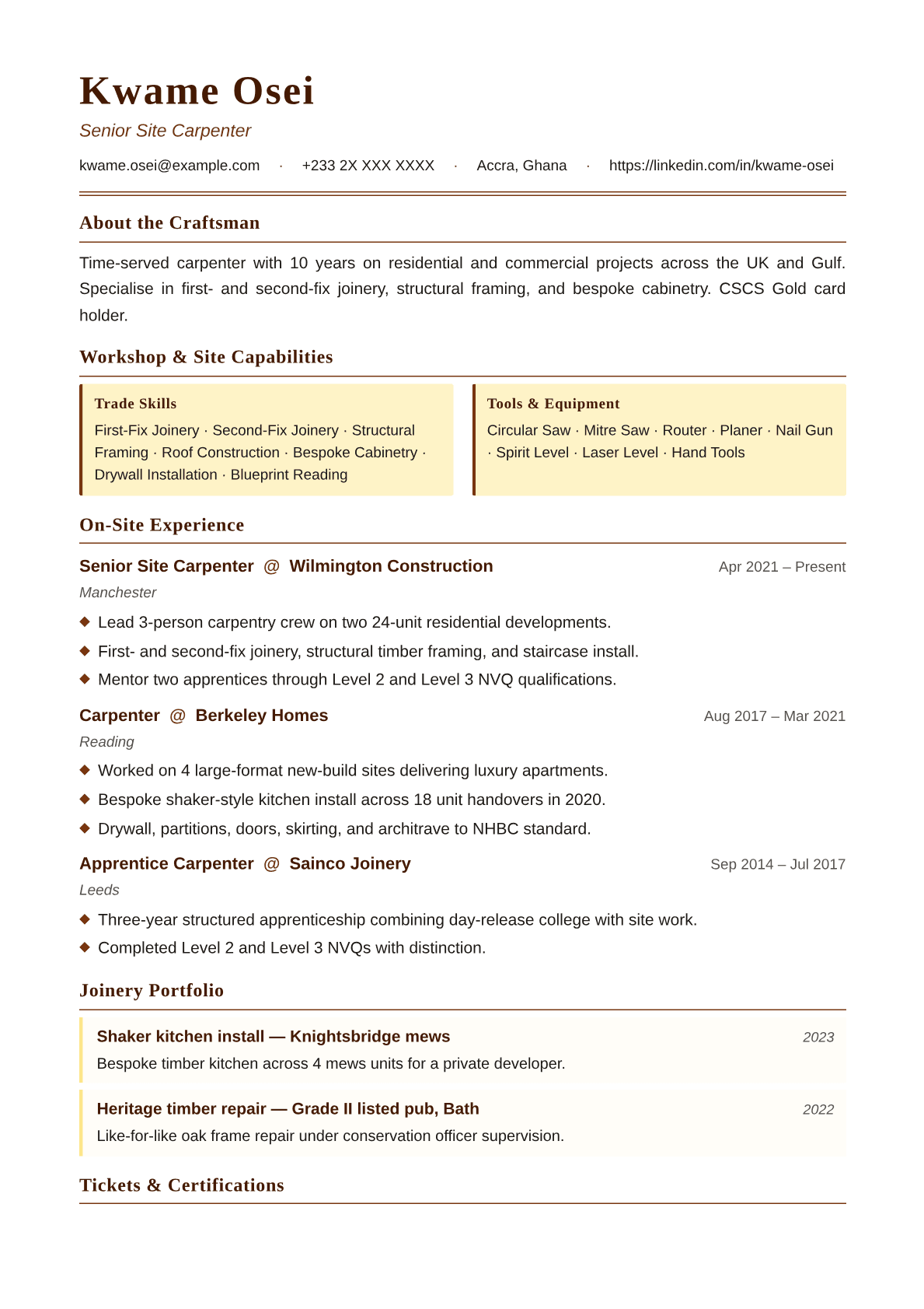 carpenter-joinery resume template preview