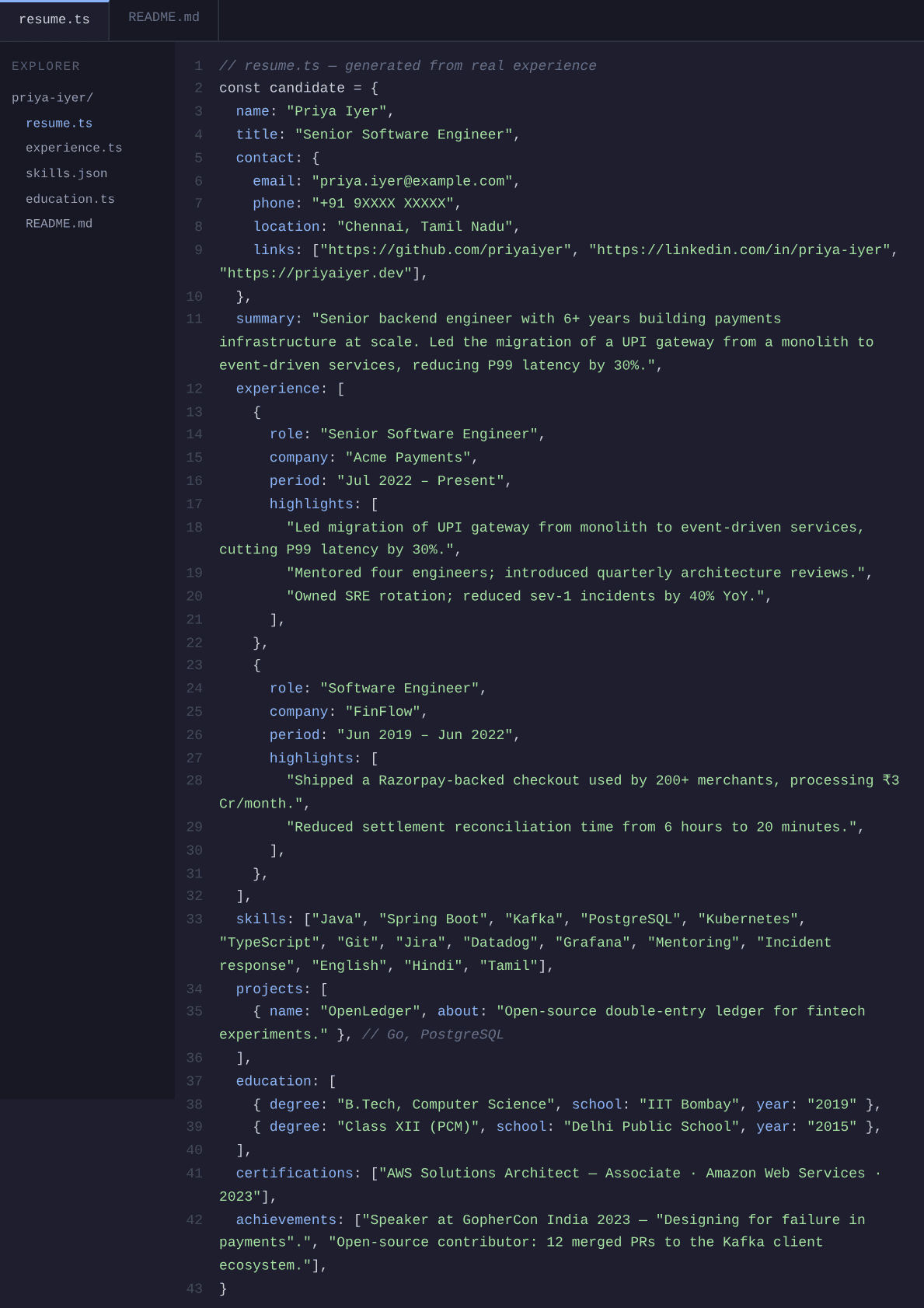 code-editor resume template preview
