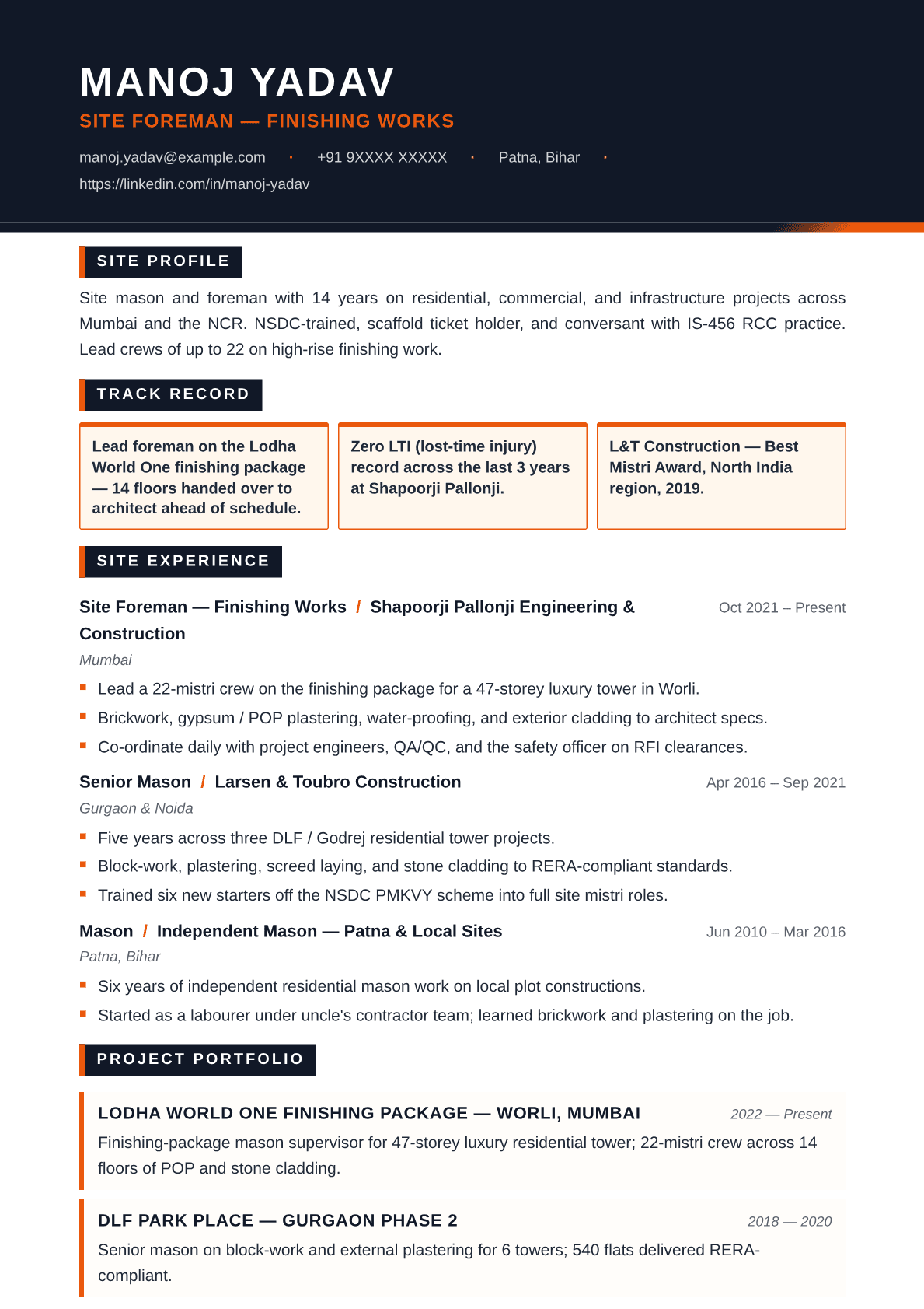 construction-mason resume template preview