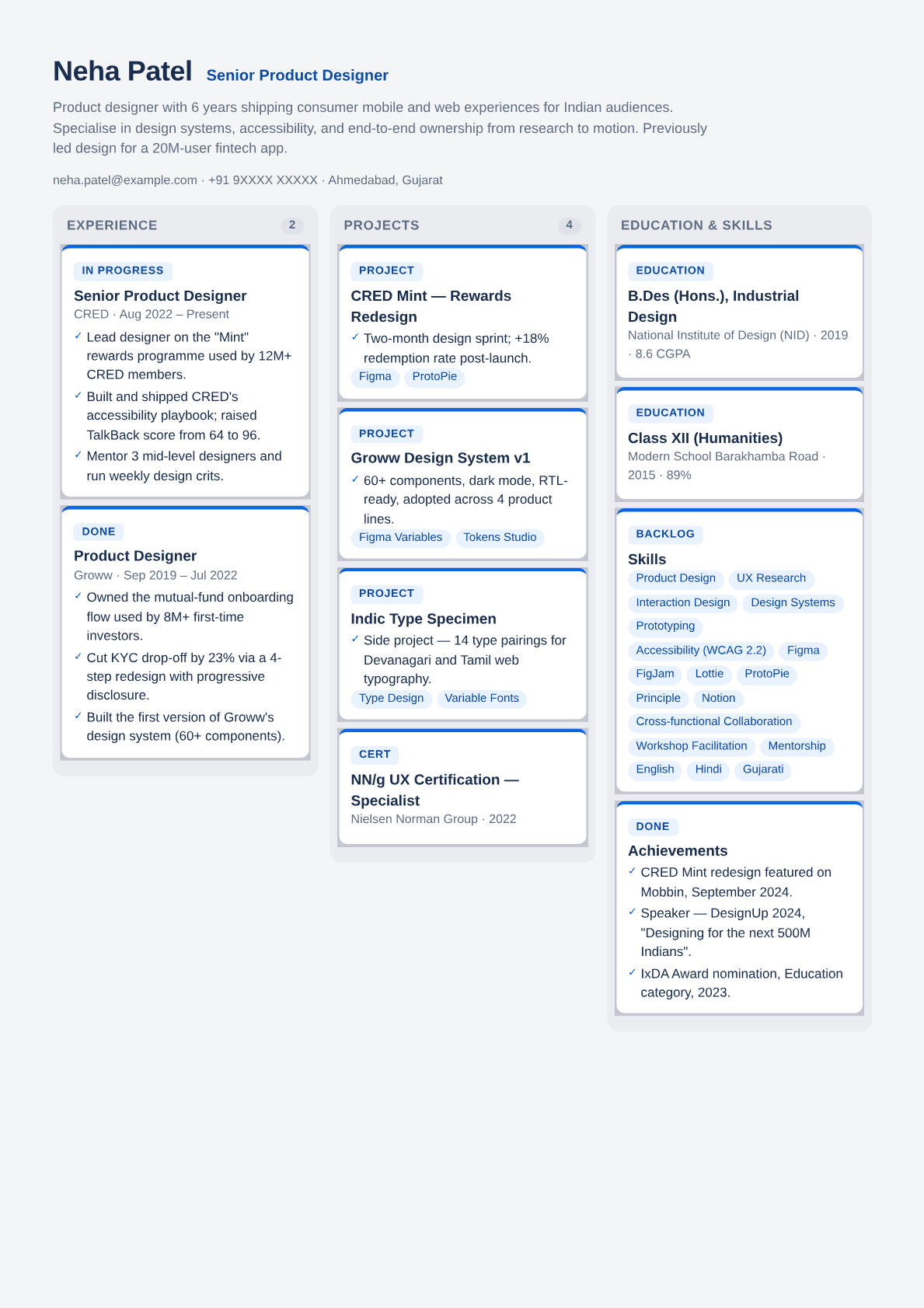 kanban-board resume template preview