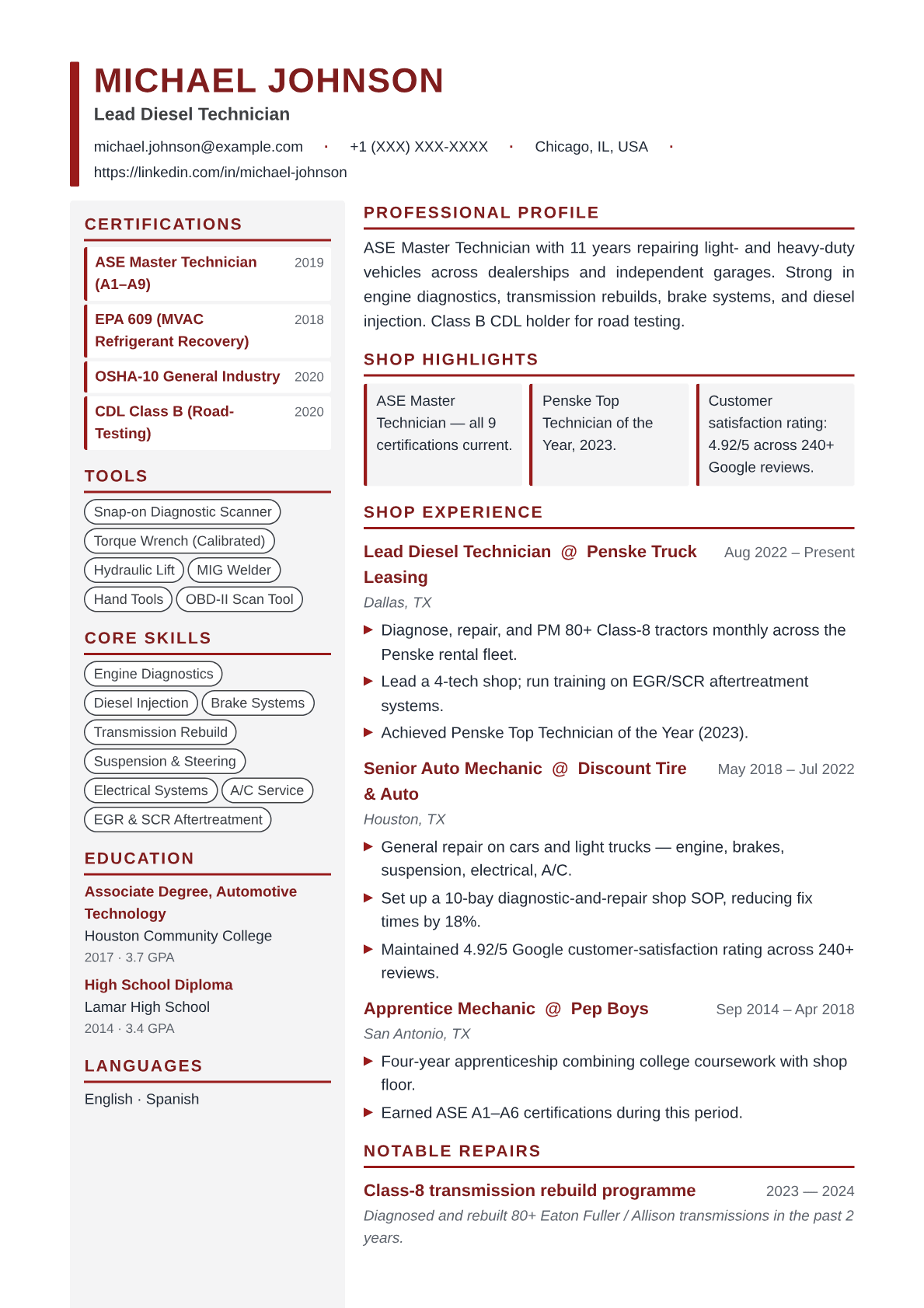 mechanic-auto resume template preview