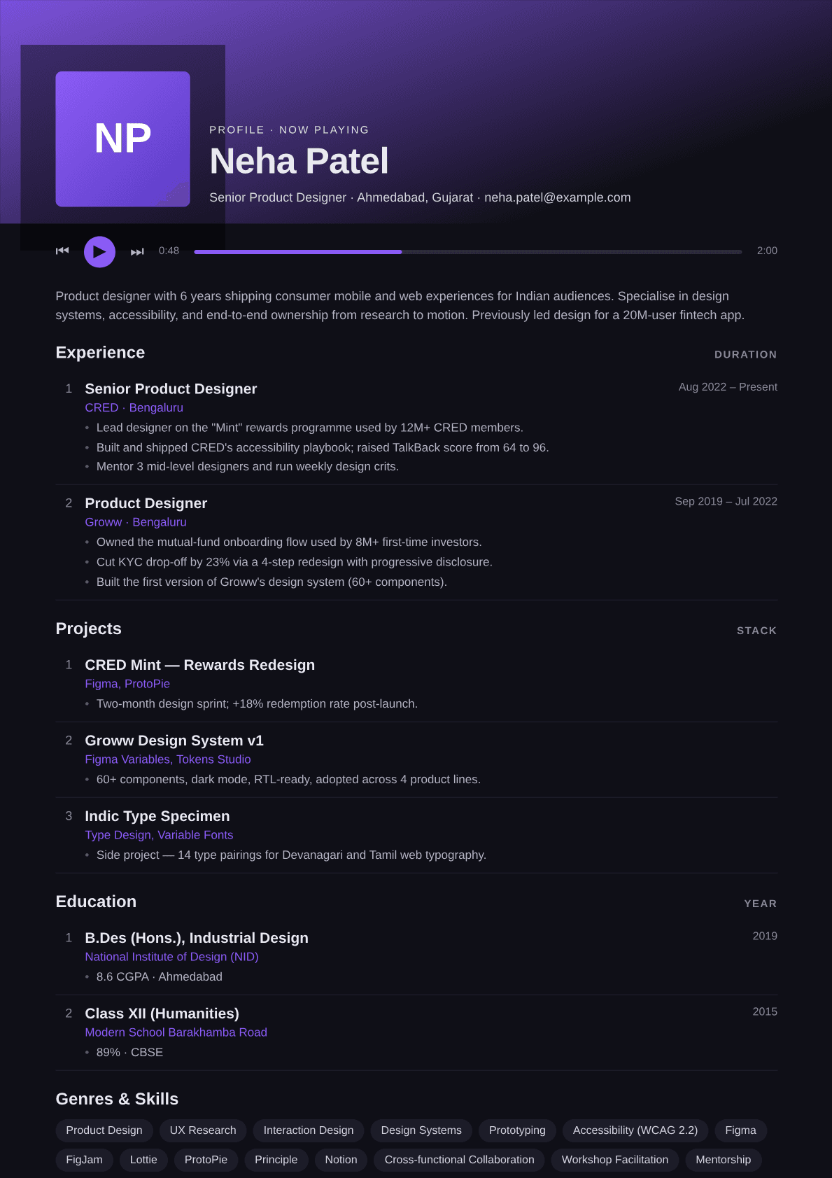 music-player resume template preview