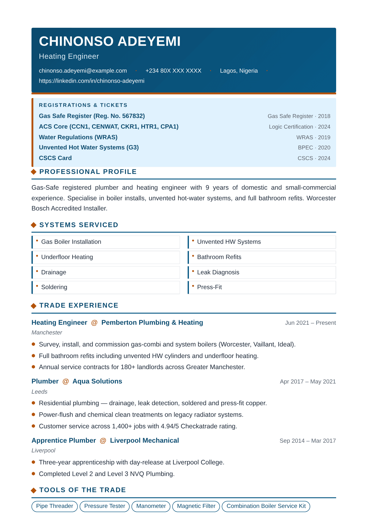plumber-heating resume template preview