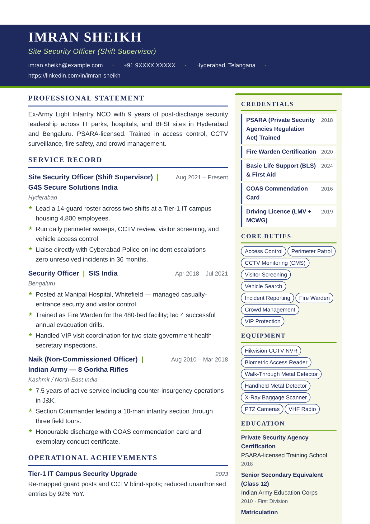 security-personnel resume template preview